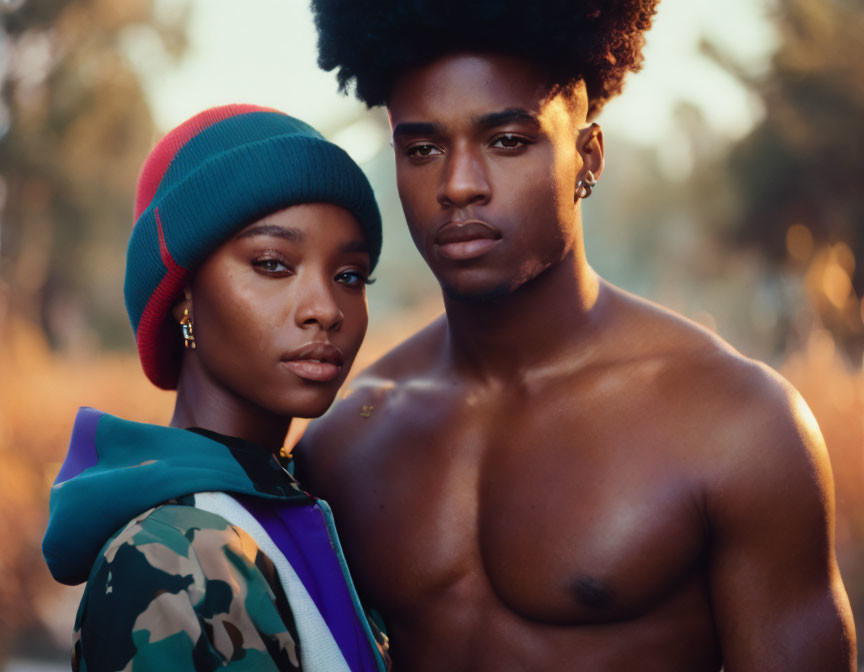 Colorful Beanie and Shirtless Afro Man Portrait at Golden Hour