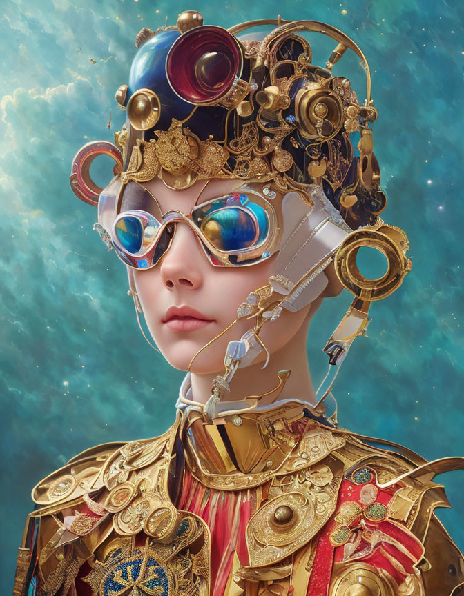 Digital character with steampunk goggles & helmet, adorned with golden gears and rich colors, set against