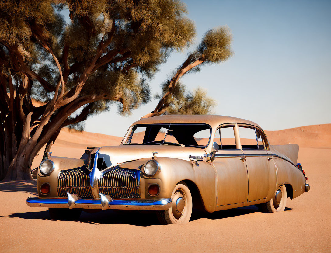 Vintage Beige Car with Blue Trim in Desert Landscape