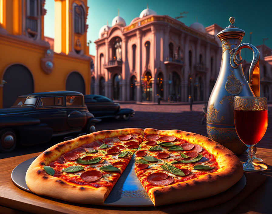 Pepperoni pizza slice, jug, and wine on vintage streetscape backdrop