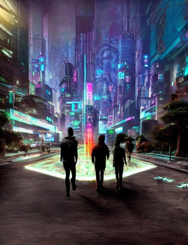 Three people walking towards futuristic cityscape with skyscrapers.