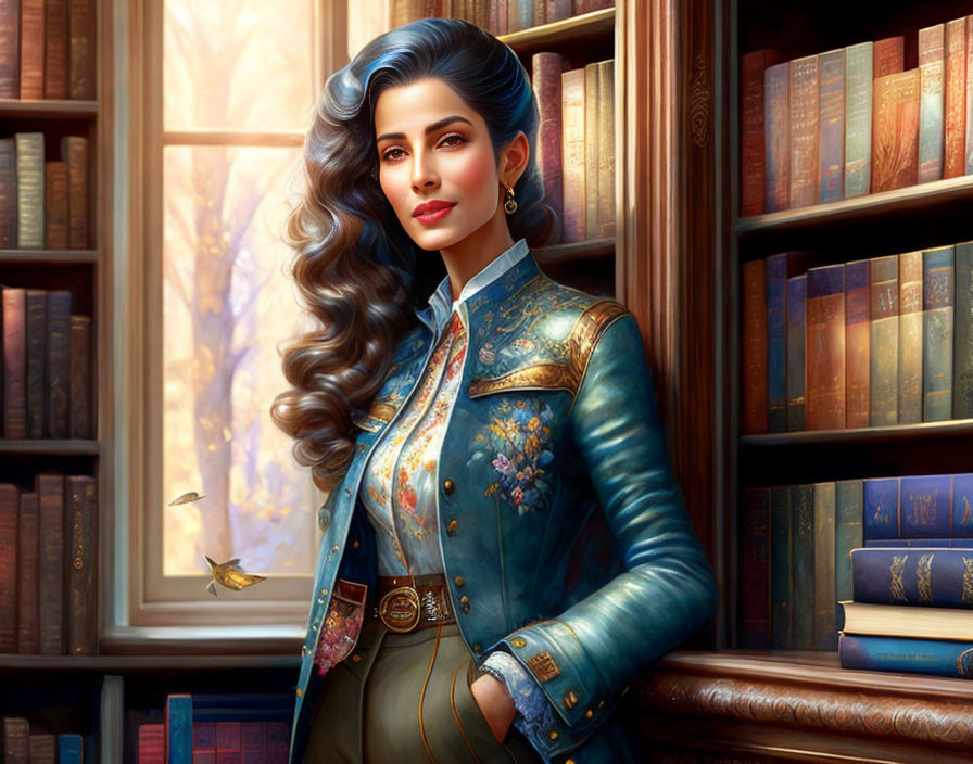 Illustrated woman with wavy hair in blue jacket by library window with flying bird