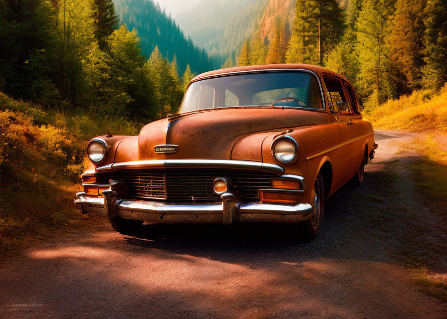 Rust-Colored Vintage Car in Autumn Forest Setting