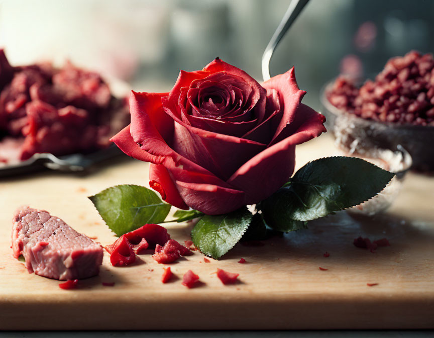 Red rose with green leaves on wooden surface, wax seal pieces and scattered petals