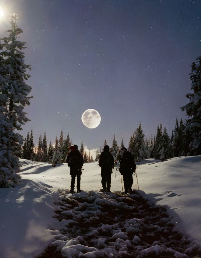 Three hikers in snow-covered forest under full moon.