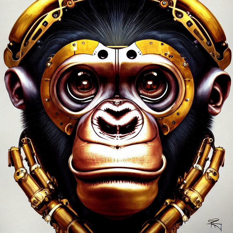 Steampunk-themed chimpanzee with cybernetic enhancements