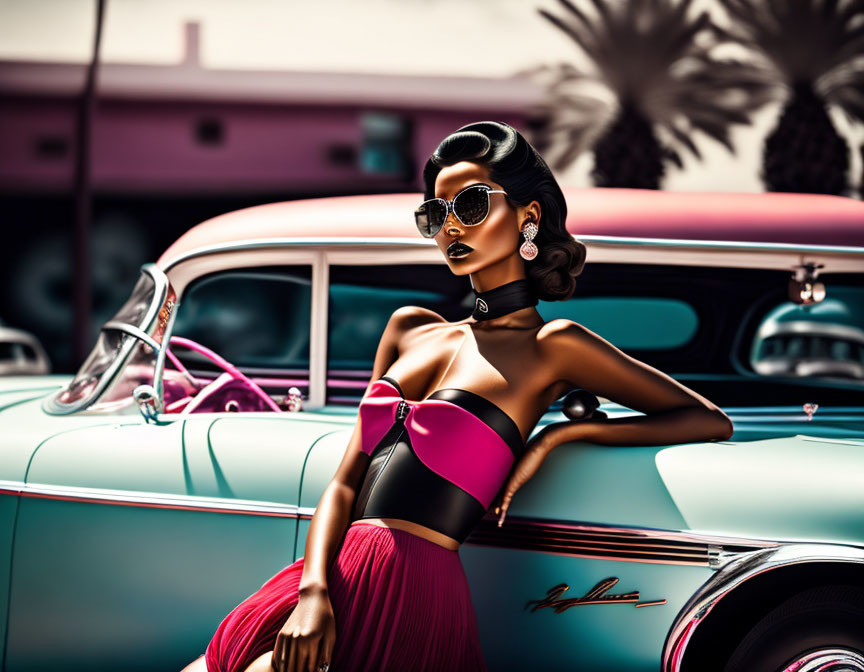 Fashionable Woman in Sunglasses Leaning on Vintage Car