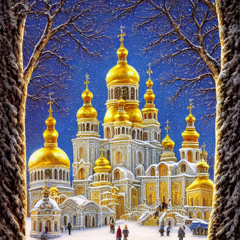 Orthodox cathedral with golden domes in snowy night scene.