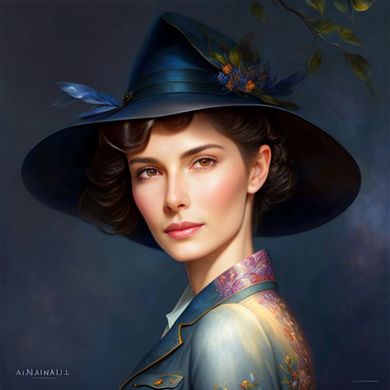 Woman with Short Wavy Hair in Blue Floral Hat and Coat Artwork