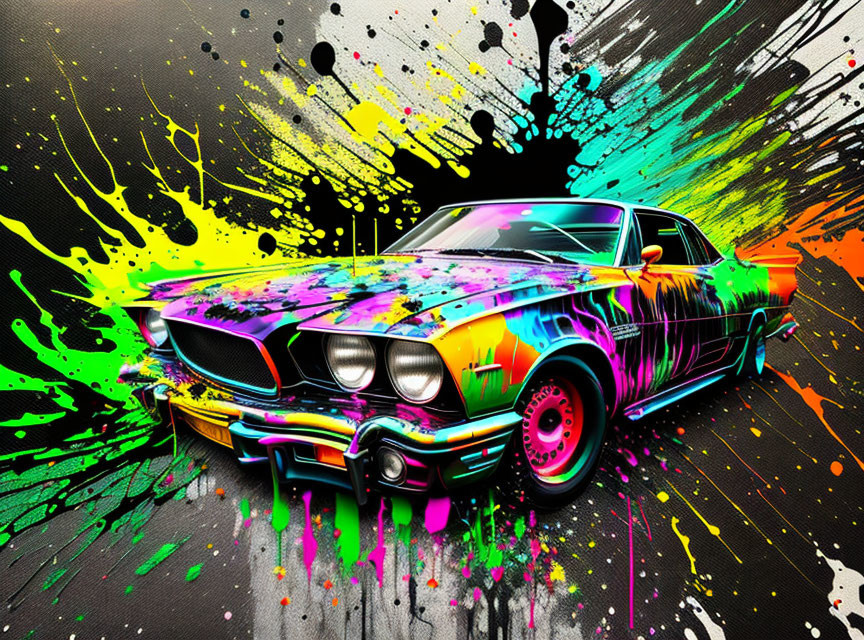 Multicolored classic car with neon paint on black background