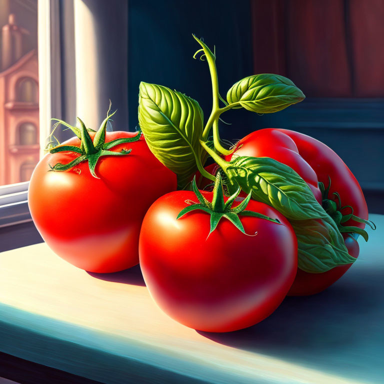 Ripe Tomatoes with Green Stems on Sunlit Windowsill