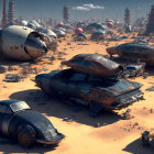 Desert scrapyard with large vehicles and spacecraft parts, people inspecting inventory