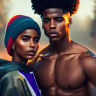 Colorful Beanie and Shirtless Afro Man Portrait at Golden Hour