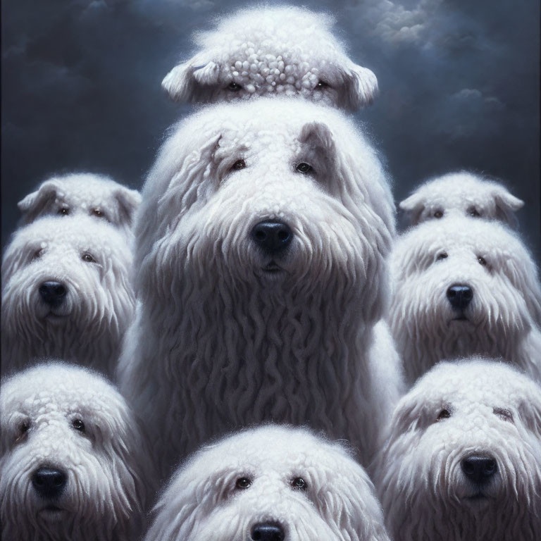 Seven White Fluffy Dogs in Pyramid Formation Against Dark Sky