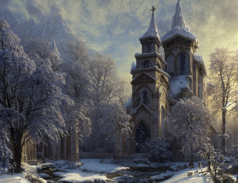 Snowy Gothic church scene with bare trees and soft light.