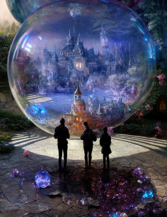 Fantasy castle in a transparent bubble with colorful gems and observers