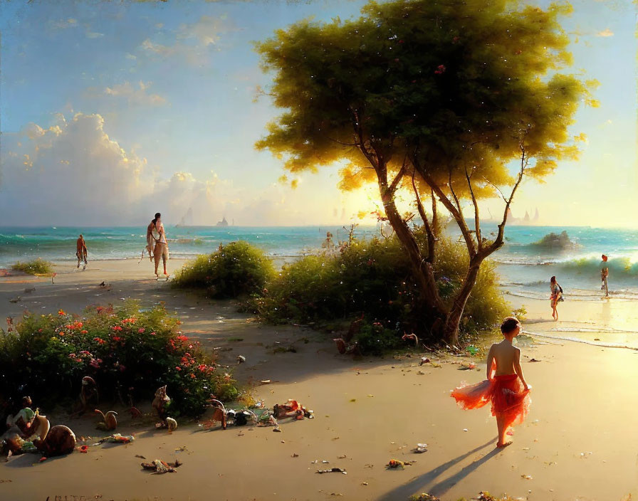 Tranquil beach sunset with people, child in red skirt, ships, and lush greenery.