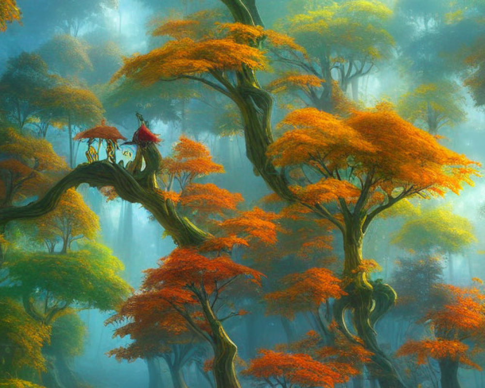 Vibrant orange autumn forest with twisted tree trunks and person in red cloak above pond