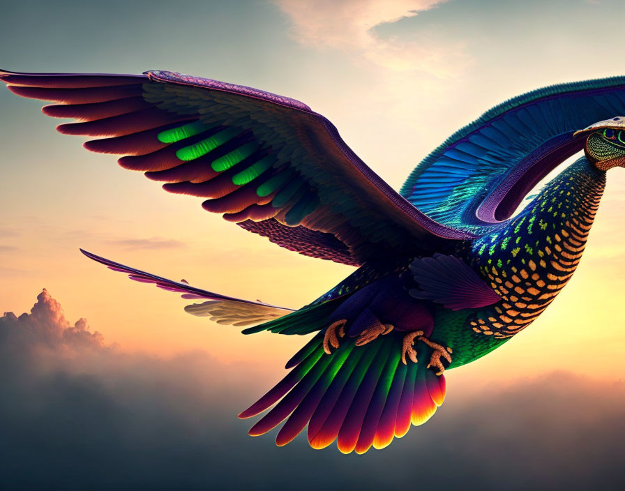 Colorful Bird Flying in Dawn or Dusk Sky with Detailed Plumage