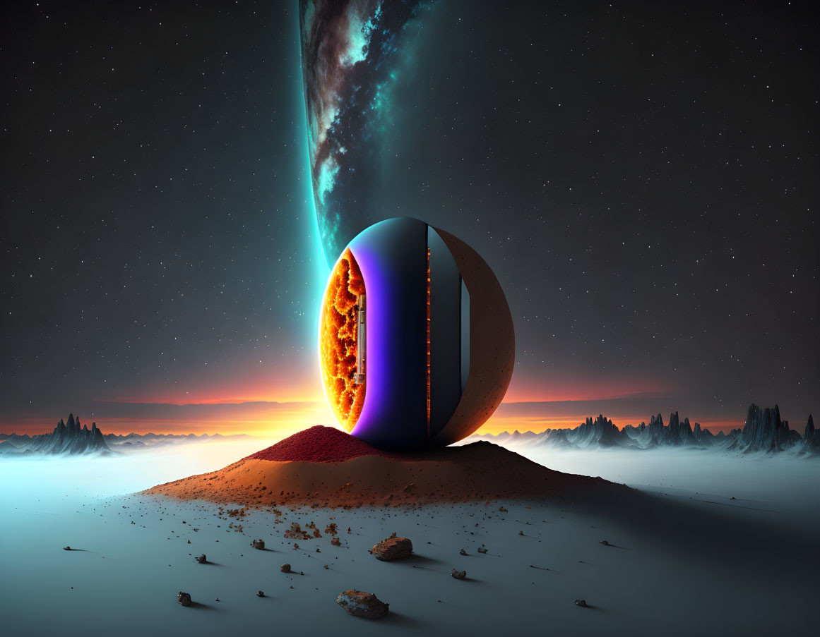 Split sphere reveals lava core in surreal desert landscape with starry sky.