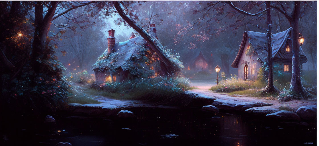 Tranquil twilight scene of cozy thatched cottages by a glowing stream