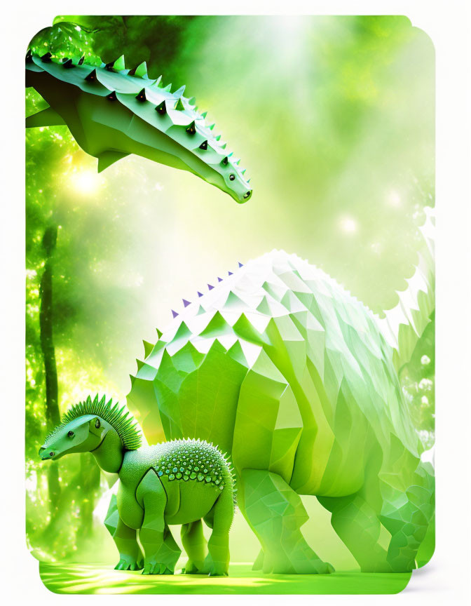 Geometric Green Dinosaurs in Forest Setting