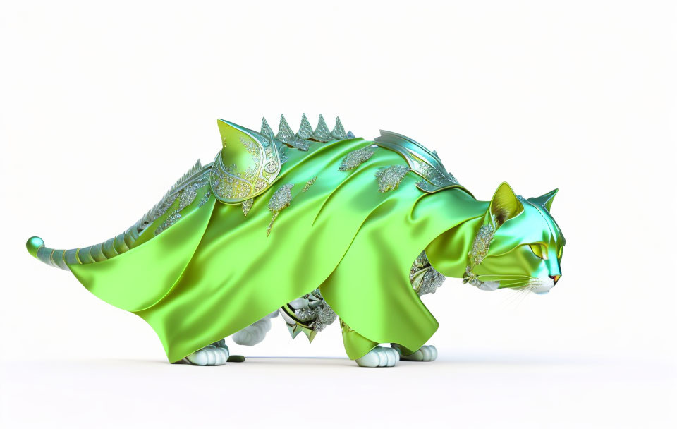 Fantasy armor design: Cat with metallic green scales walking on white background