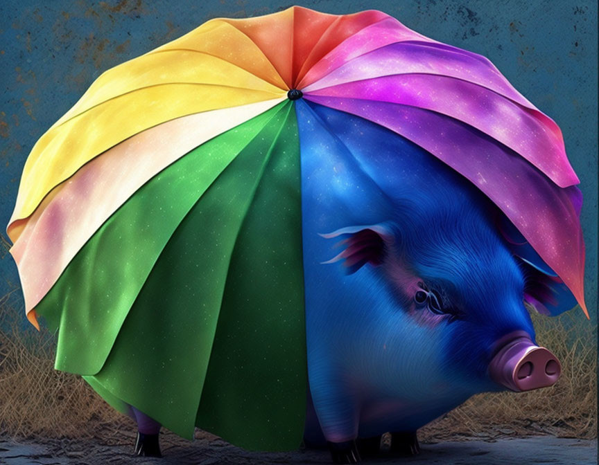 Colorful Cosmic Pattern Umbrella Sheltering Blue Pig on Textured Surface