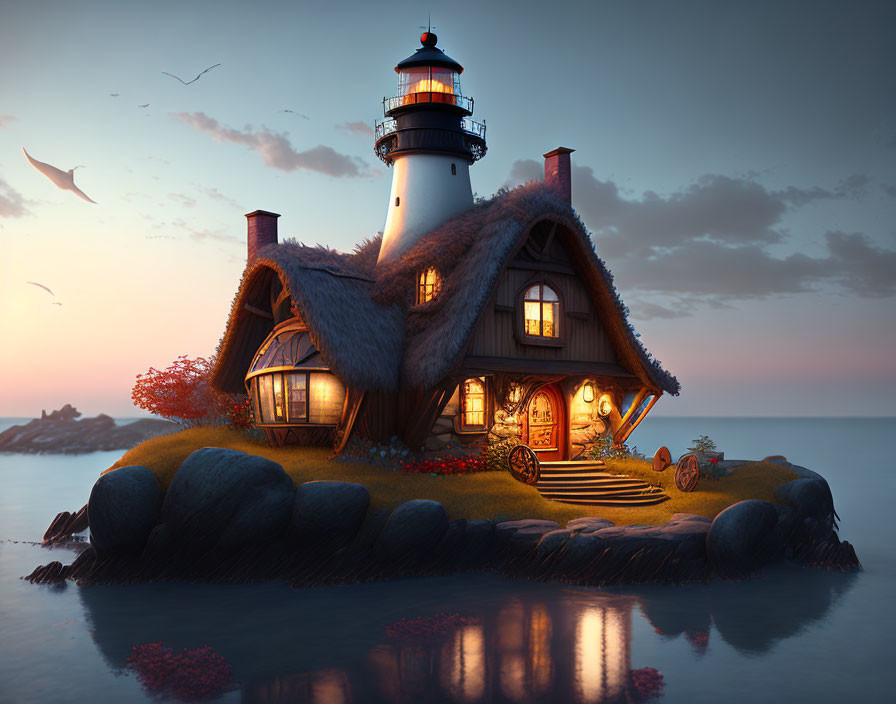 Thatched-Roof Cottage & Lighthouse on Island at Twilight