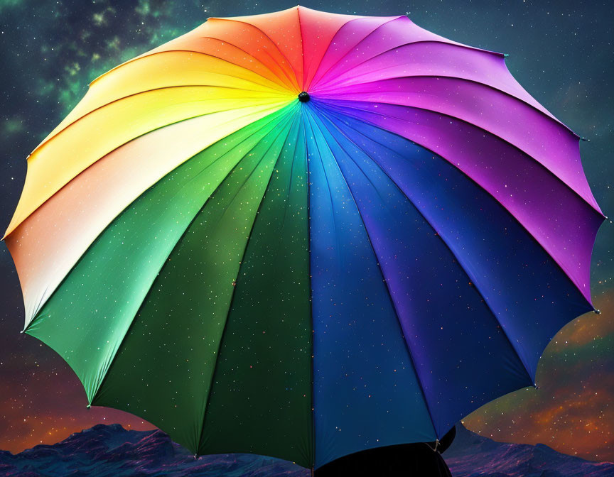 Colorful Umbrella Against Starry Night Sky in Yellow to Blue Spectrum