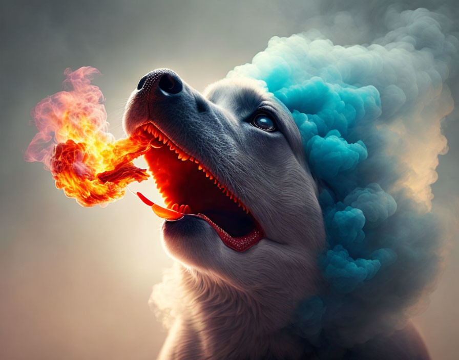 Profile of dog surrounded by blue smoke, appearing to breathe fire.