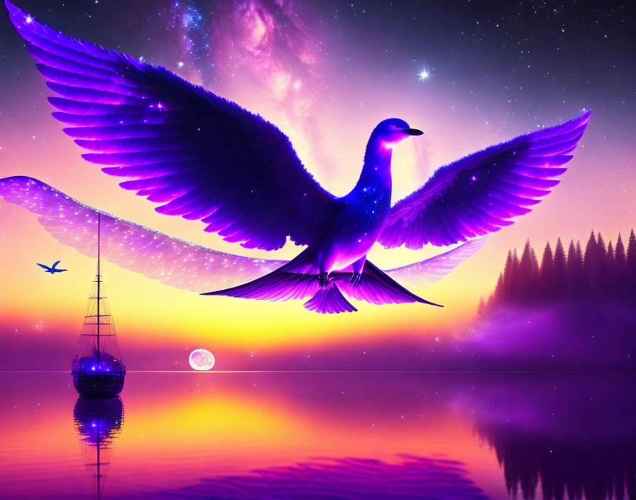 Majestic bird soaring over tranquil purple lake with cosmic sky