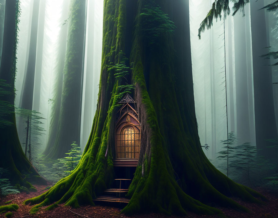 Enchanting fairy-tale house nestled at tree base in misty forest