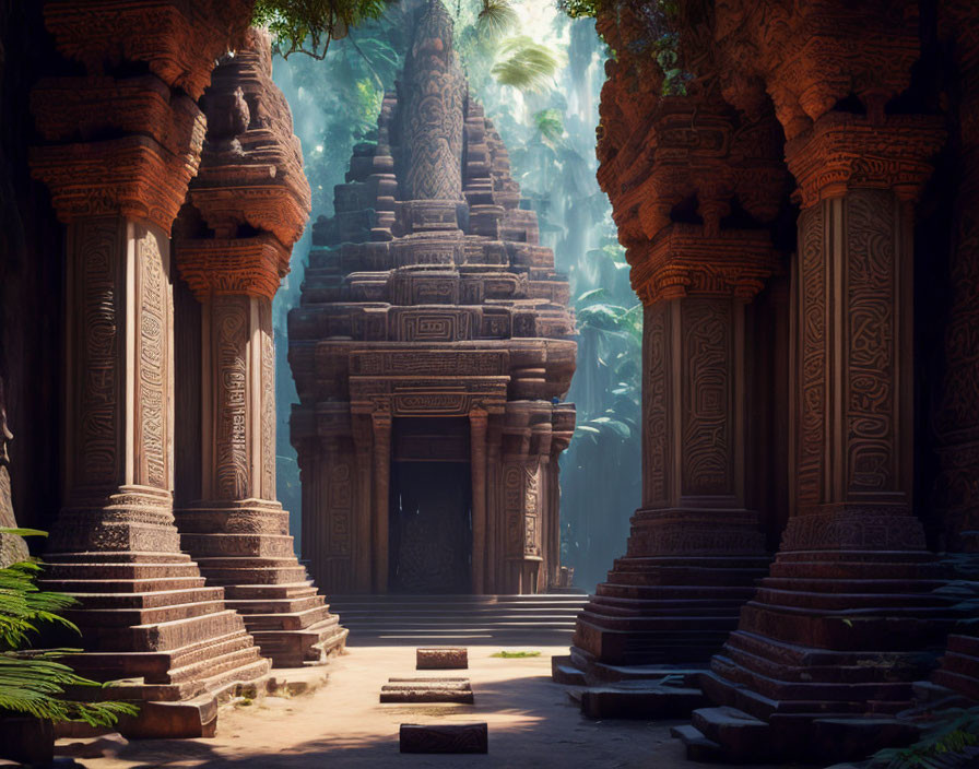 Ancient temple ruins with carved stone pillars in serene forest