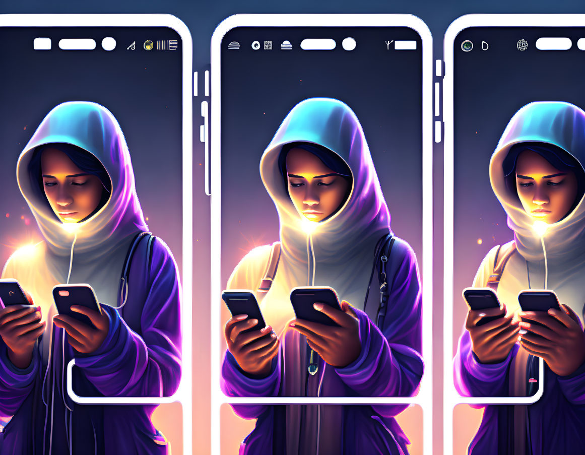 Digital artwork: Glowing person in purple hoodie on three overlapping screens