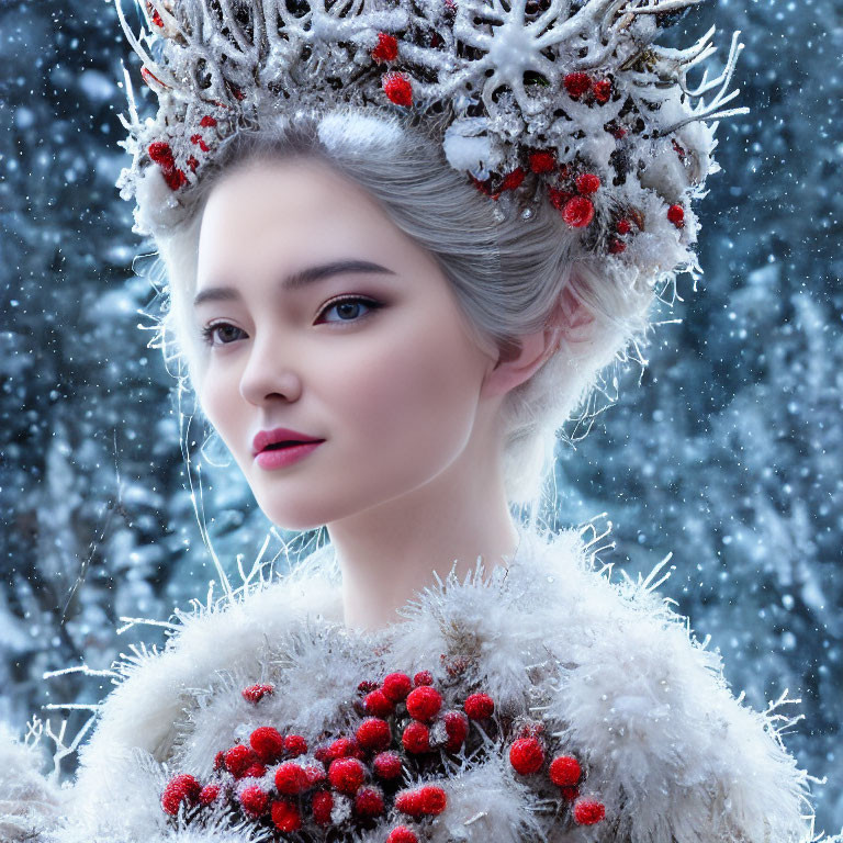 Pale-skinned woman in winter queen theme with branch crown and falling snow