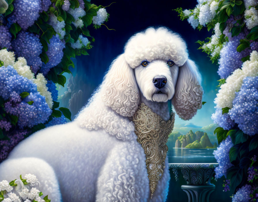 White Poodle with Ornate Collar in Front of Hydrangeas and Lake