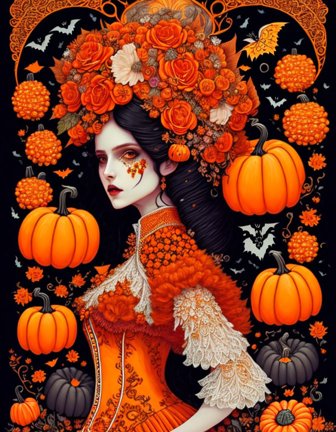 Illustration of pale-skinned woman with dark hair in orange floral headdress among pumpkins on black