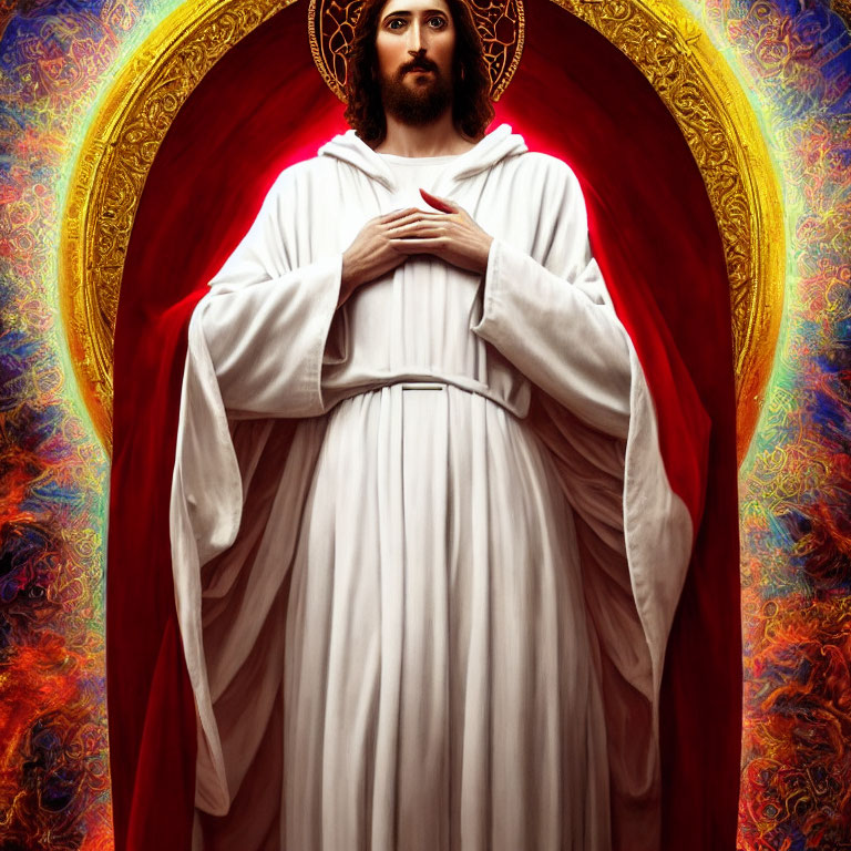 Religious painting of Jesus in white robe with halo, colorful backdrop