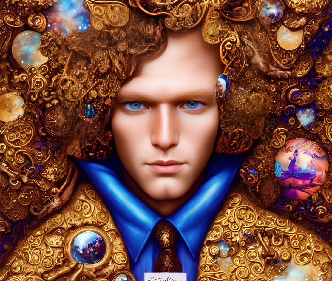 Surreal portrait featuring person with blue eyes and celestial motifs