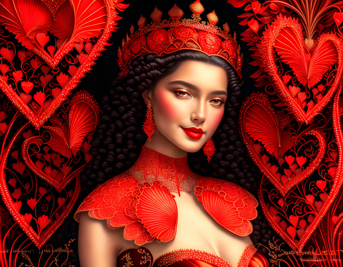 Digital Art: Woman in Red Headdress with Heart Motifs