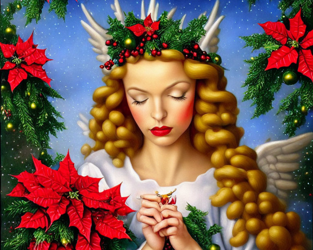 Golden-haired angelic figure with antlers and poinsettias holding a bird in festive setting