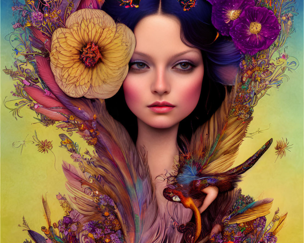 Colorful floral and bird-themed digital portrait of a woman's face