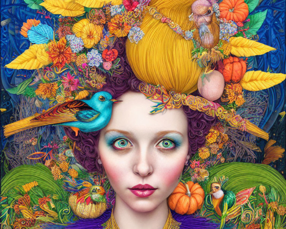 Colorful portrait of woman with flora and fauna, birds, and intricate patterns.