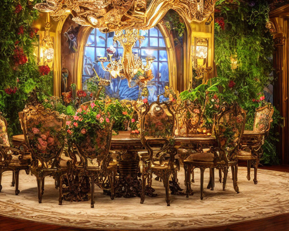 Opulent dining room with baroque furniture, gold details, red flowers, and chandelier