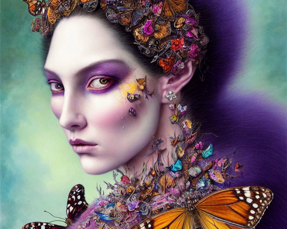 Illustration of woman with purple skin and floral adornments emitting mystical vibe