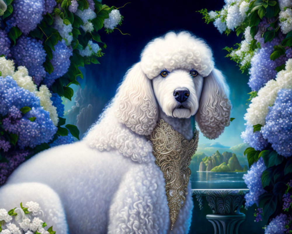 White Poodle with Ornate Collar in Front of Hydrangeas and Lake