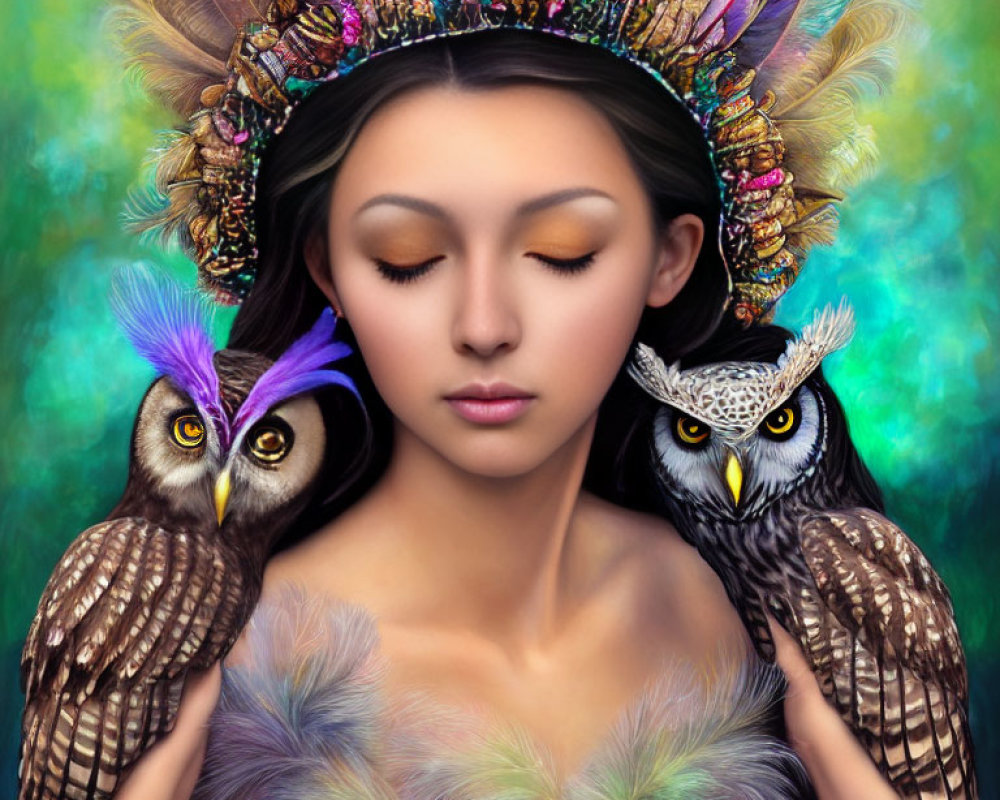 Woman with closed eyes wearing vibrant feathered headdress, flanked by lifelike owls against