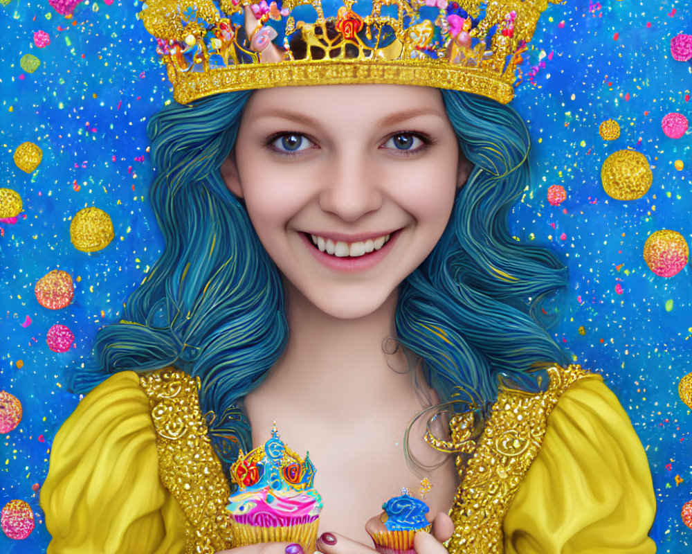 Young woman with blue hair and golden crown holding cupcakes on sparkly blue background