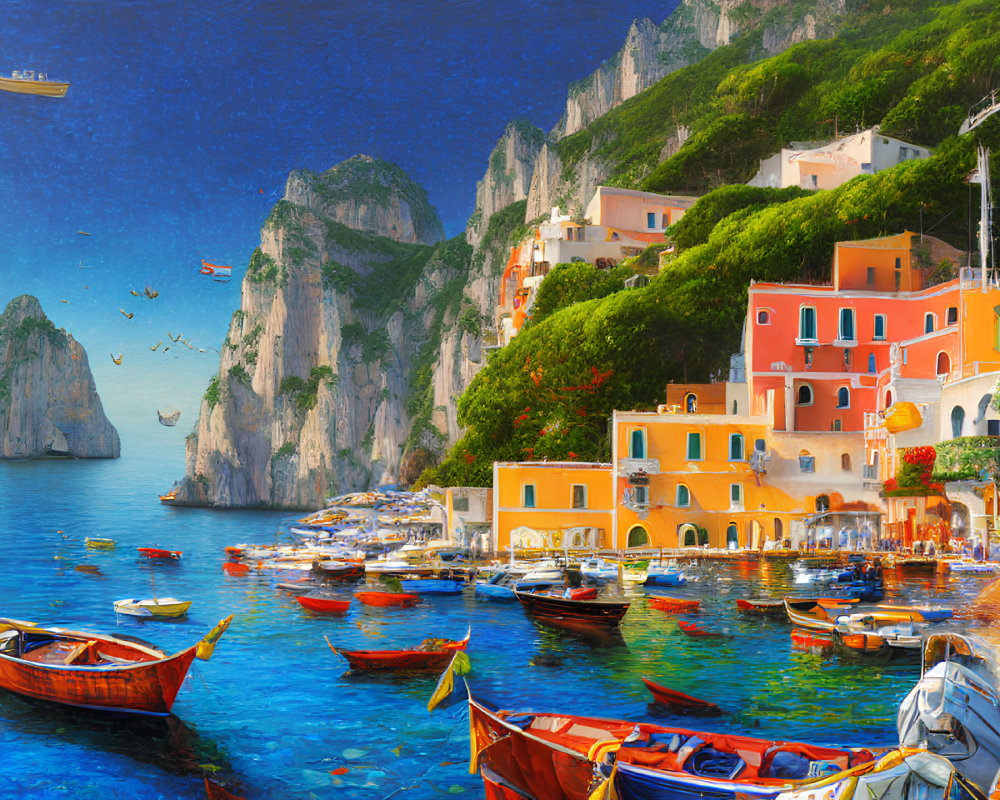 Vibrant seaside village with colorful boats and cliffs